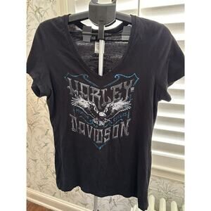 Harley Davison’s V Neck Holographic Blue Logo XL T-Shirt Women’s Joliet IL